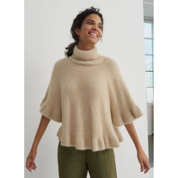 By Anthropologie Womens Ruffled Turtleneck Poncho in Tan Cream One Size NWT - Picture 1 of 10